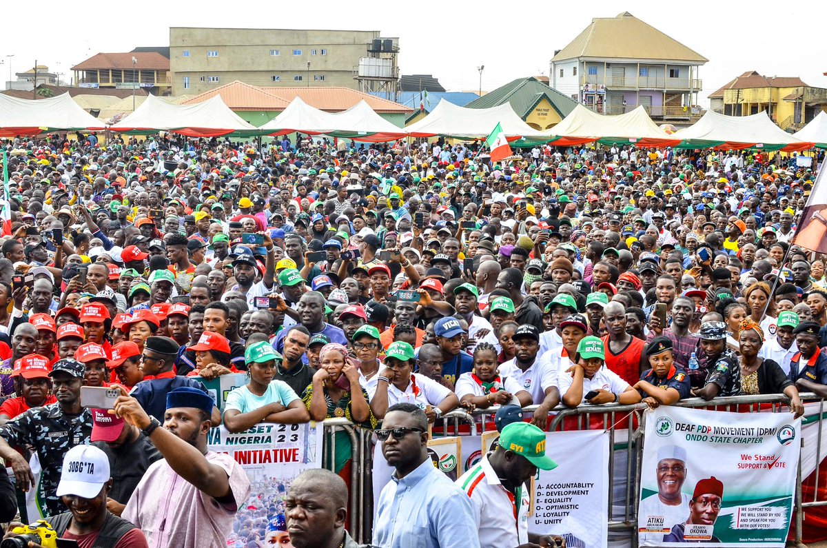 TayoJegedeSAN's tweet photo. Thank you Ondo State for coming out in your numbers to welcome Alh. @atiku Abubakar, our Presidential Candidate and the PDP Rescue Team. Nigeria shall be RESTORED! https://t.co/2nyrUMrXwH