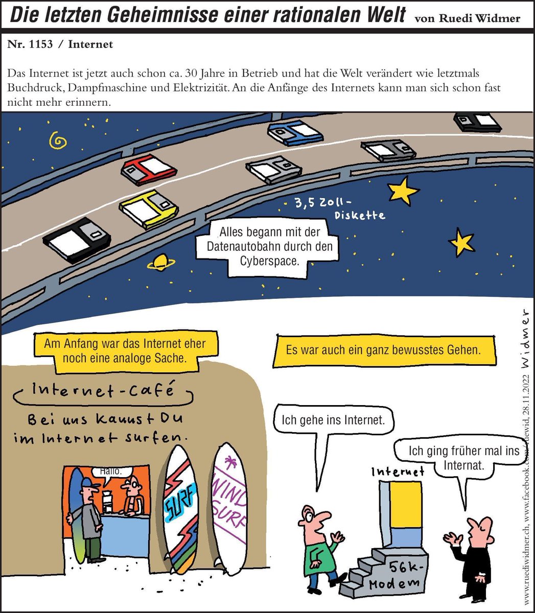 kuenzler's tweet photo. Die Anfänge des Internet, gezeichnet von @RuediWidmer, diese Woche im @landbote:
• #Datenautobahn
• #Cyberspace
• surfen
• ins Internet gehen https://t.co/0m5ohMIsTi