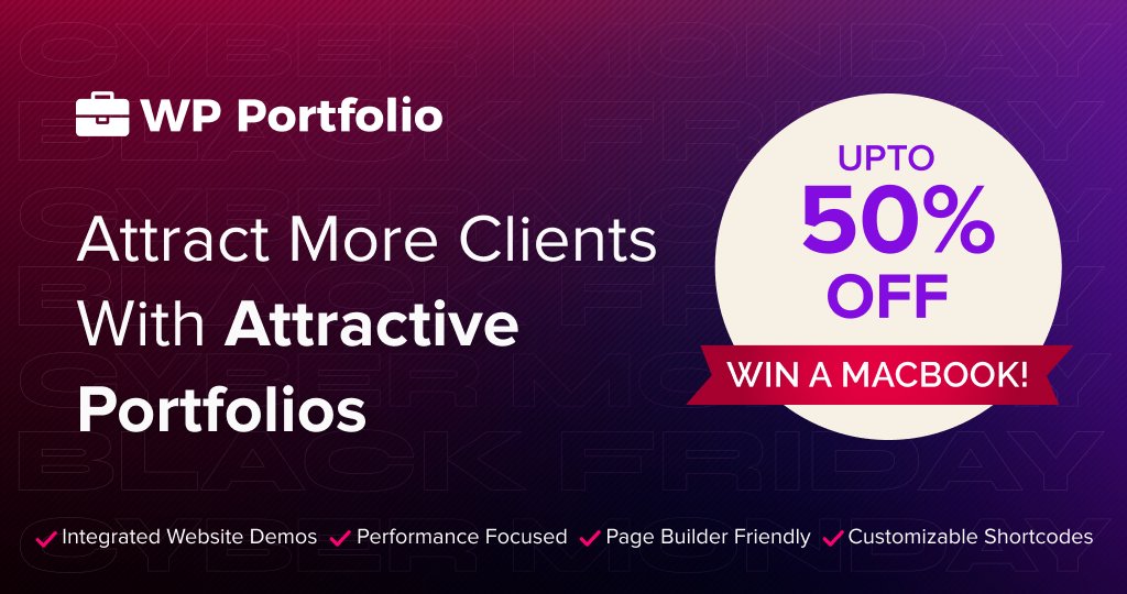 elemaxspot's tweet image. WP Portfolio lets you showcase all your work in the form of images and videos with a professional-looking portfolio that doesn’t slow down pages.
#wordpress #wpportfolio #CyberMonday 

Get up to 50% OFF on this amazing plugin: wpportfolio.net/?bsf=7512