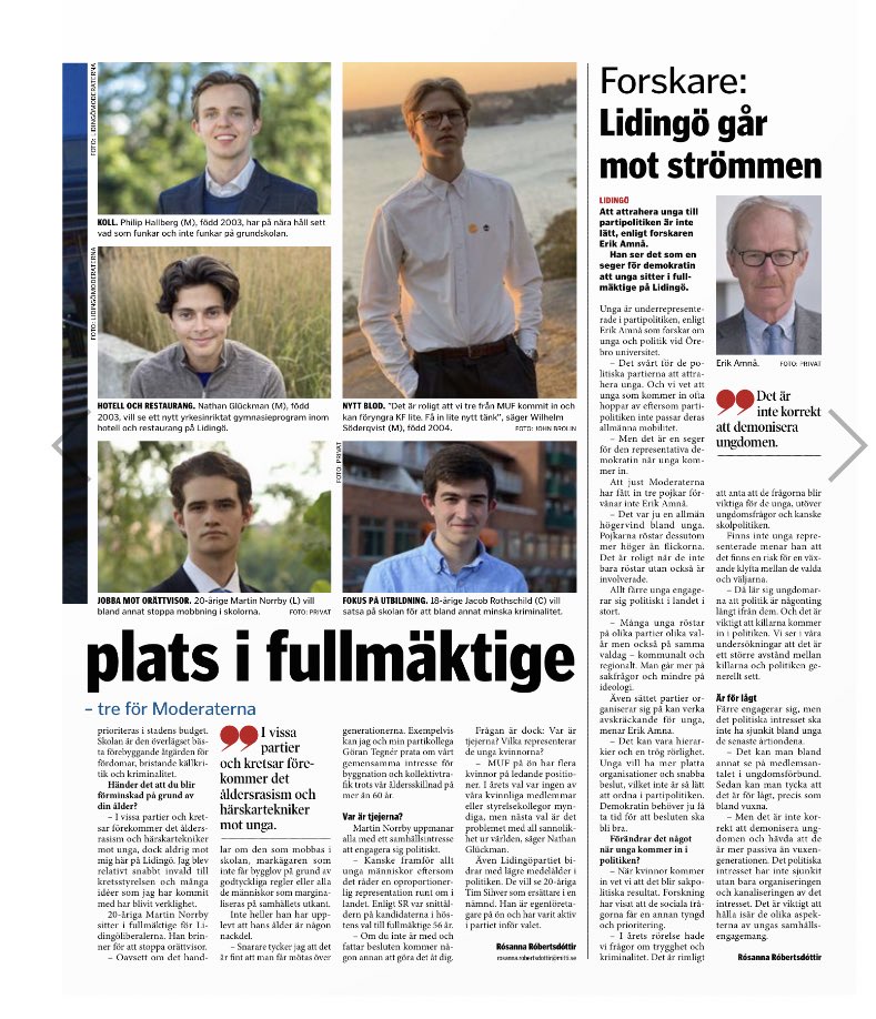 hallbergphilip's tweet photo. Riktigt kul att bli omnämnd i senaste Mitt i angående unga politiker. En ära att få representera Lidingös väljare. https://t.co/FLuVJoSCBd
