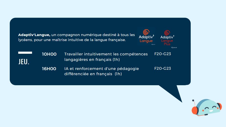 Jour 2 <a href="/educatechexpo/">Educatech Expo</a> c'est parti ! 
L'équipe Adaptiv'Langue est prête à vous accueillir sur les différents stands de nos partenaires.😁 Nous avons hâte de pouvoir échanger avec vous ! 
#EdTech #educatechexpo <a href="/libraireLDE/">Librairie LDE</a> <a href="/iledefrance/">Région Île-de-France</a> <a href="/MaRegionSud/">Région Sud</a> <a href="/RANouvAquitaine/">Région académique Nouvelle-Aquitaine</a>