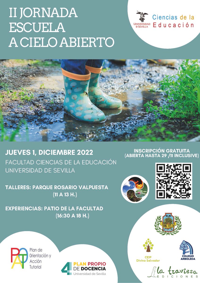 Por segundo año el privilegio de participar en la Jornada #EscuelaACieloAbierto <a href="/EducacionUs/">Facultad de Ciencias de la Educación @unisevilla</a>. La sesión de tarde, dedicada al intercambio de experiencias de #EducaciónAlAireLibre, está abierta (sin necesidad de inscripción previa). Así que, si estás por Sevilla, ¡te esperamos!