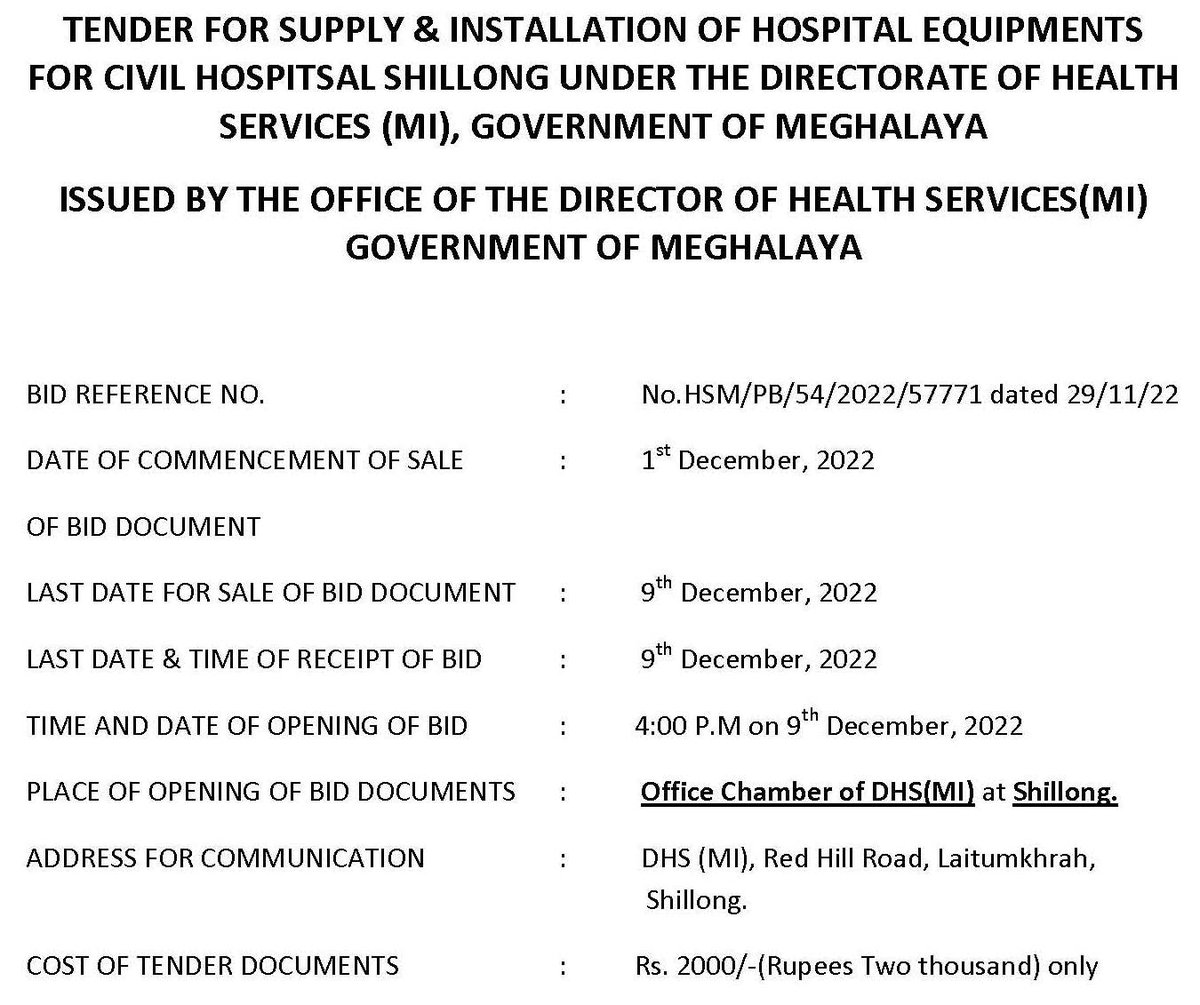 MeghalayaGov's tweet photo. #BidDocuments for Supply and Installation of Hospital Equipments for Civil Hospital, Shillong (https://t.co/5MpEoRQK4d) https://t.co/CHtZwPFhK6