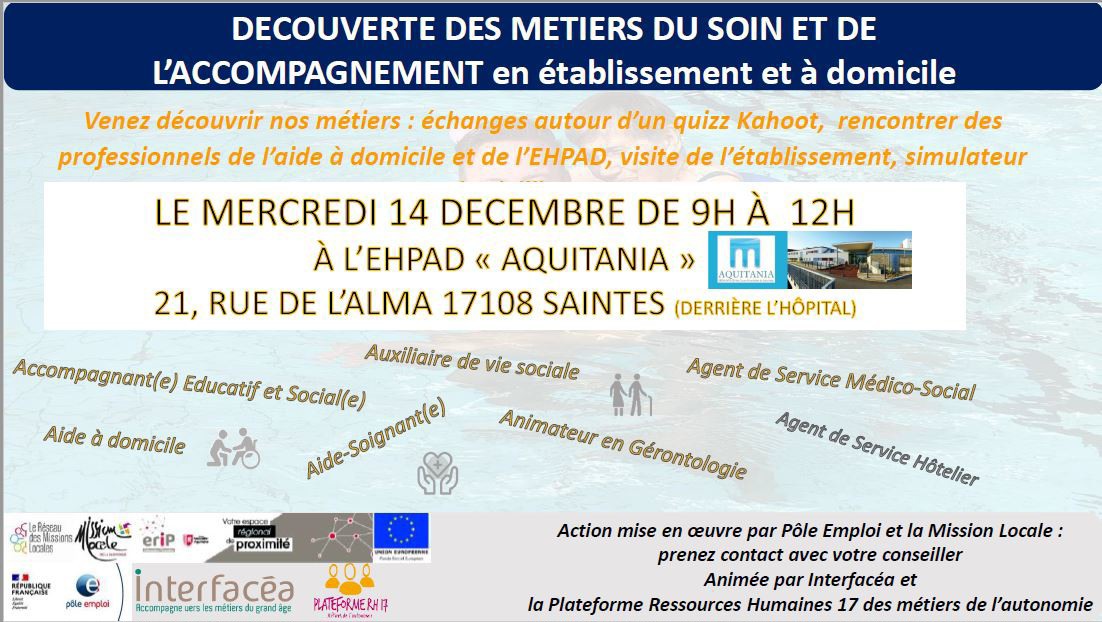 DanielleLargier's tweet photo. 📍#MissionLocale de #Saintes, #PlateformeRH17 & #Interfacea pour les jeunes suivis en #CEJ 👉🏻Rdv pour une réunion pour leur présenter les métiers du soins et de l'accompagnement à l'#EHPAD Aquitania le 14/12 matin. #formation #Emploi ⤵️👇🏻⤵️ https://t.co/aFS60rCcHb