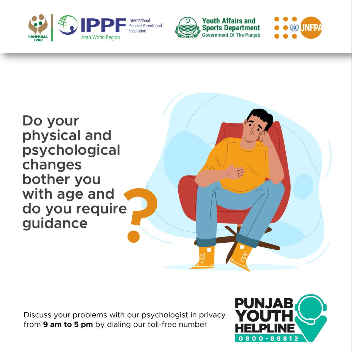 Rahnuma_FPAP's tweet photo. Do your physical and psychological changes bother you with age and do you require guidance? Then make a free call on 080088812.
A message from Youth Affairs and Sports Department, Government of Punjab.
Rahnuma-FPAP
#RahnumaFPAP #RFPAP #PYHL #UNFPA #080088812 https://t.co/Vubxojz2qJ