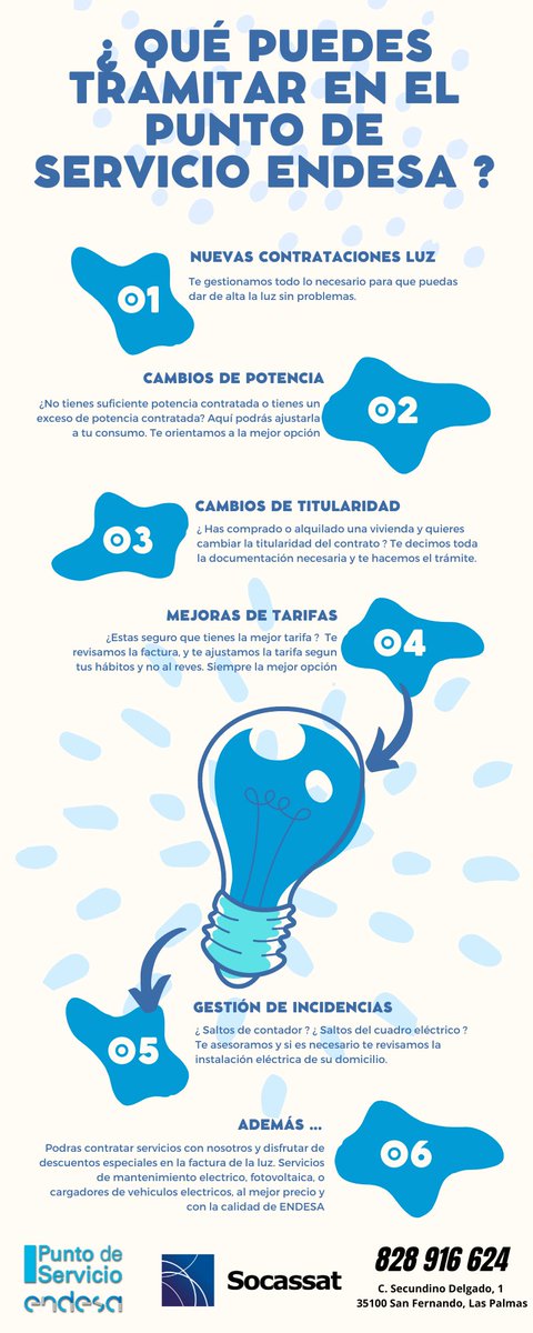 SOCASSAT's tweet photo. ¿Sabes todo lo que puedes hacer en el PUNTO DE SERVICIO DE ENDESA?, Aquí te dejamos una infografía de todos los servicios. Recuerda que puedes acudir presencial o solicitar videoconferencia. Estamos ubicados en C/ Secundino Delgado número 1 en San Fernando, Maspalomas. #Endesa https://t.co/cmDuhkP922