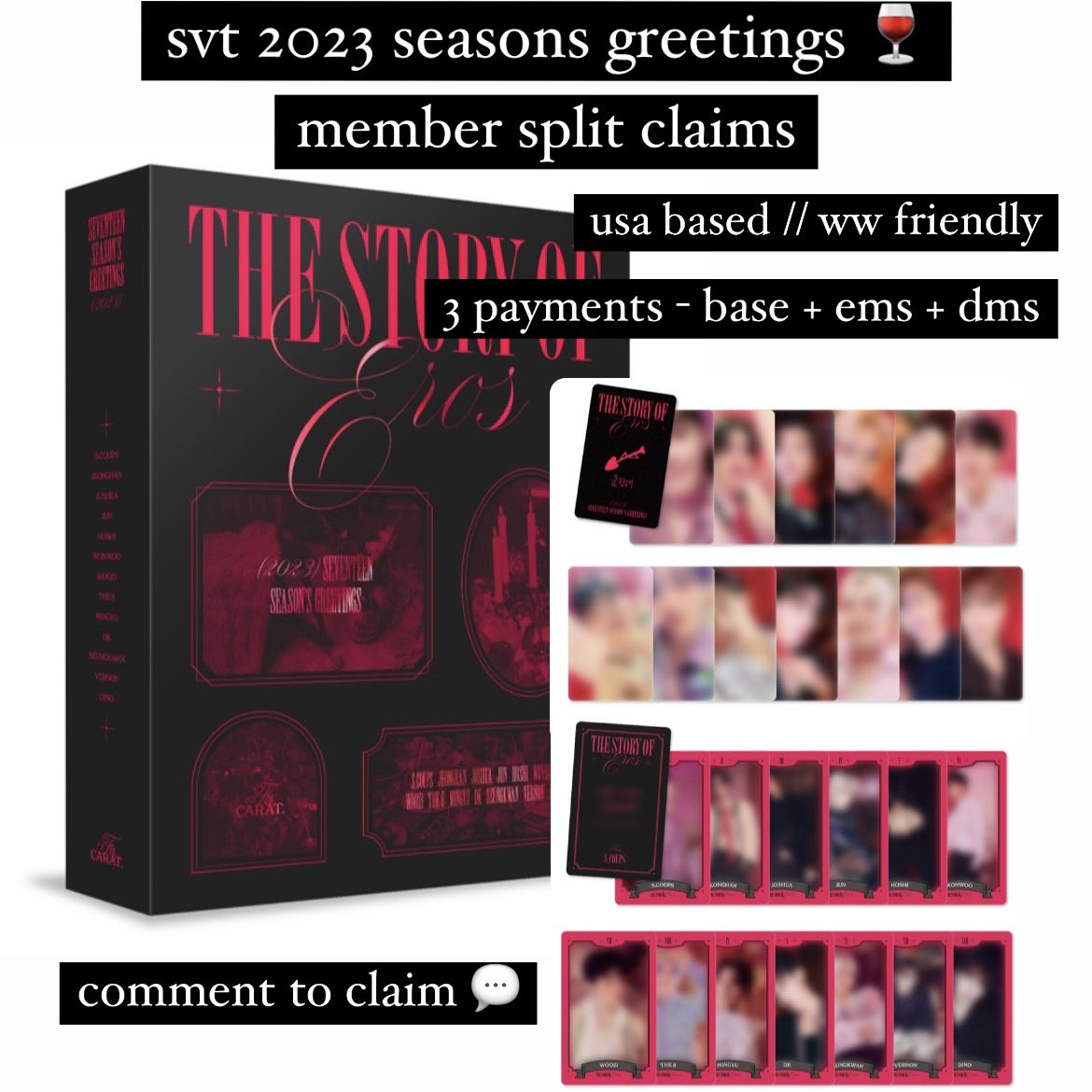 ggyusprouts's tweet photo. SVT 2023 SEASON GREETINGS GO 🍷

prices
$2 per member set
$39 full set (unsealed for sorting)

- SECURED/not on hand
- NO BACK OUTS ONCE CLAIMED
- 🇺🇸USA only
- 3 payments: base + ems + dms

member claim set (pc &amp; fortune card)

‼️read notion‼️

dm to claim :)

pls rt to share! https://t.co/yXCSXgbXg6