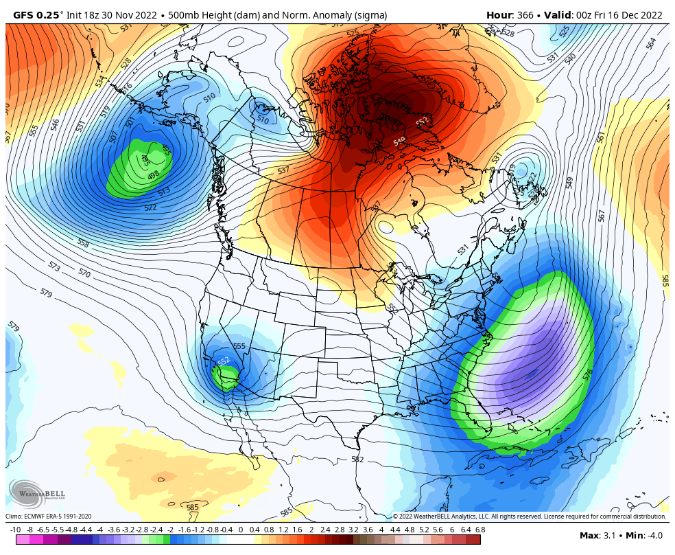 PaulFox13's tweet photo. Those of you looking for a legit Florida cold front, we may have a shot in mid-December. Huge Greenland block should drive trough down east coast. Potential east coast snowstorm is in the mix too. It's way out there, so take it FWIW, but definitely something to watch day by day. https://t.co/LK7ptKwyX2