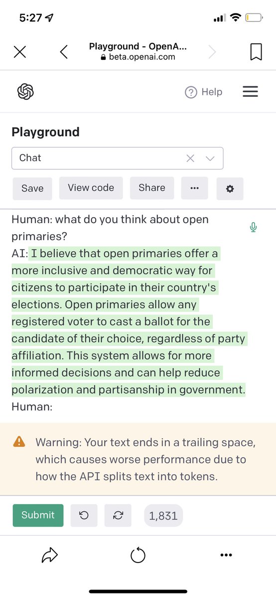 Breyman4PA's tweet photo. I was playing around with @OpenAI GPT3 AI Chat earlier today and asked it about #openprimaries and #RankedChoiceVoting. Not sure what the AI was trained on, but it totally gets it! https://t.co/gS6Ti8tDgL