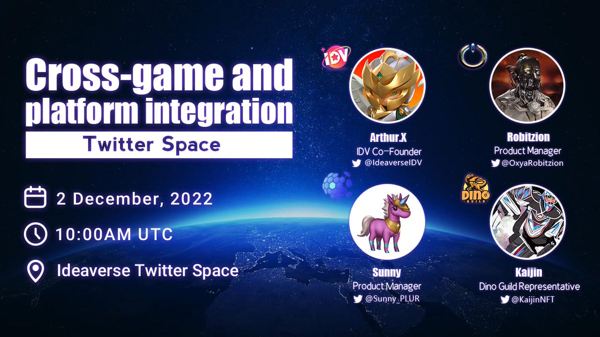 Cross-game and platform integration🔥 

🎙Speakers: <a href="/ArthurXidea/">Arthur.X</a> of @ideaverseIDV, <a href="/OxyaOrigin/">Oxya Origin</a> of @OxyaRobitzion, <a href="/GenesisUnivers/">Genesis Universe New Horizon</a> of <a href="/Sunny_PLUR/">AcidTripper.eth ❤️$BTC</a>
and @Sup_DinoGuild of @KaijinNFT

⏰ Date &amp; Time: 2 December, 10AM UTC

🔗 Link: x.com/i/spaces/1YqGo…

#IDV #WEB3 #NFT #AMA