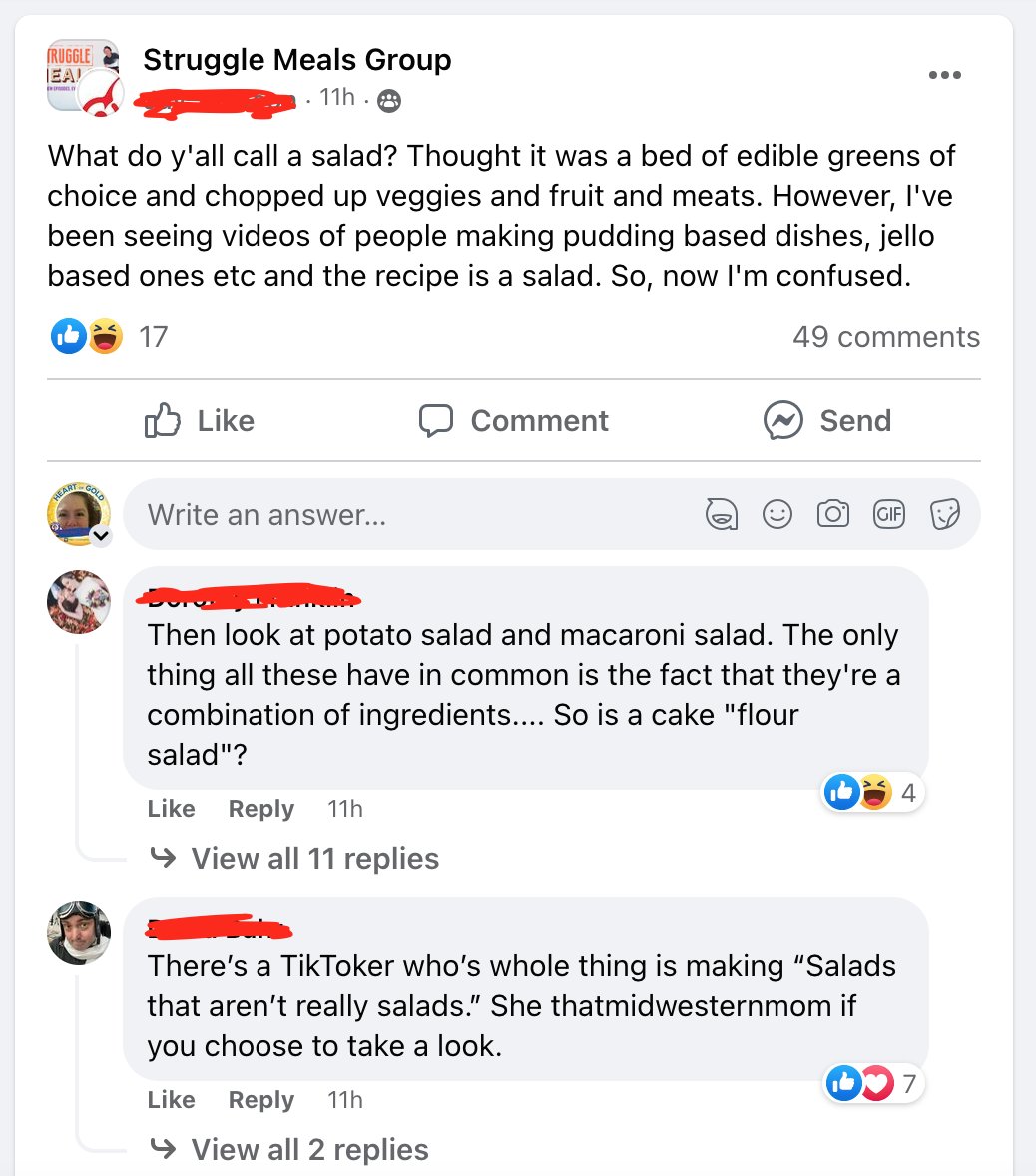 NMedina5's tweet photo. In a cooking group on Facebook there is a serious discussion about what constitutes a salad. This would make a great debate! "So is a cake 'flour salad?'" #DebateMath @Trianglemancsd #SaladChat @cluzniak #MTBoS https://t.co/979bUYXhm8