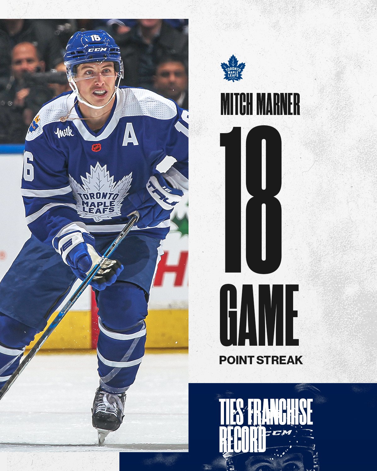 Mitch Marner has tied the Leafs record for longest point streak