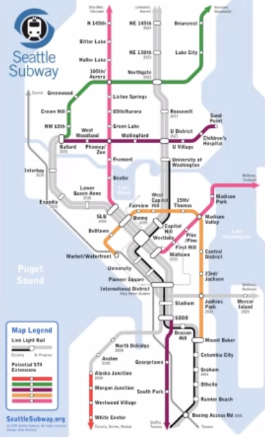 Mia_LawsonHenze's tweet photo. It was cool to see this map of proposed #SeattleSubway expansions in @RachelRoo7's #POEcap presentation. Here's to hoping that education on and funding for #publictransit increases, and we get some new link stops! https://t.co/mZvUaCs9Yy
