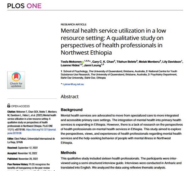 New paper! Led by @Tesfa_MY, our study explored mental health service utilization in a low-resource setting. The paper outlines perspectives of health professionals on MH services and help-seeking among people with mental illness in Northwest Ethiopia. doi.org/10.1371/journa…