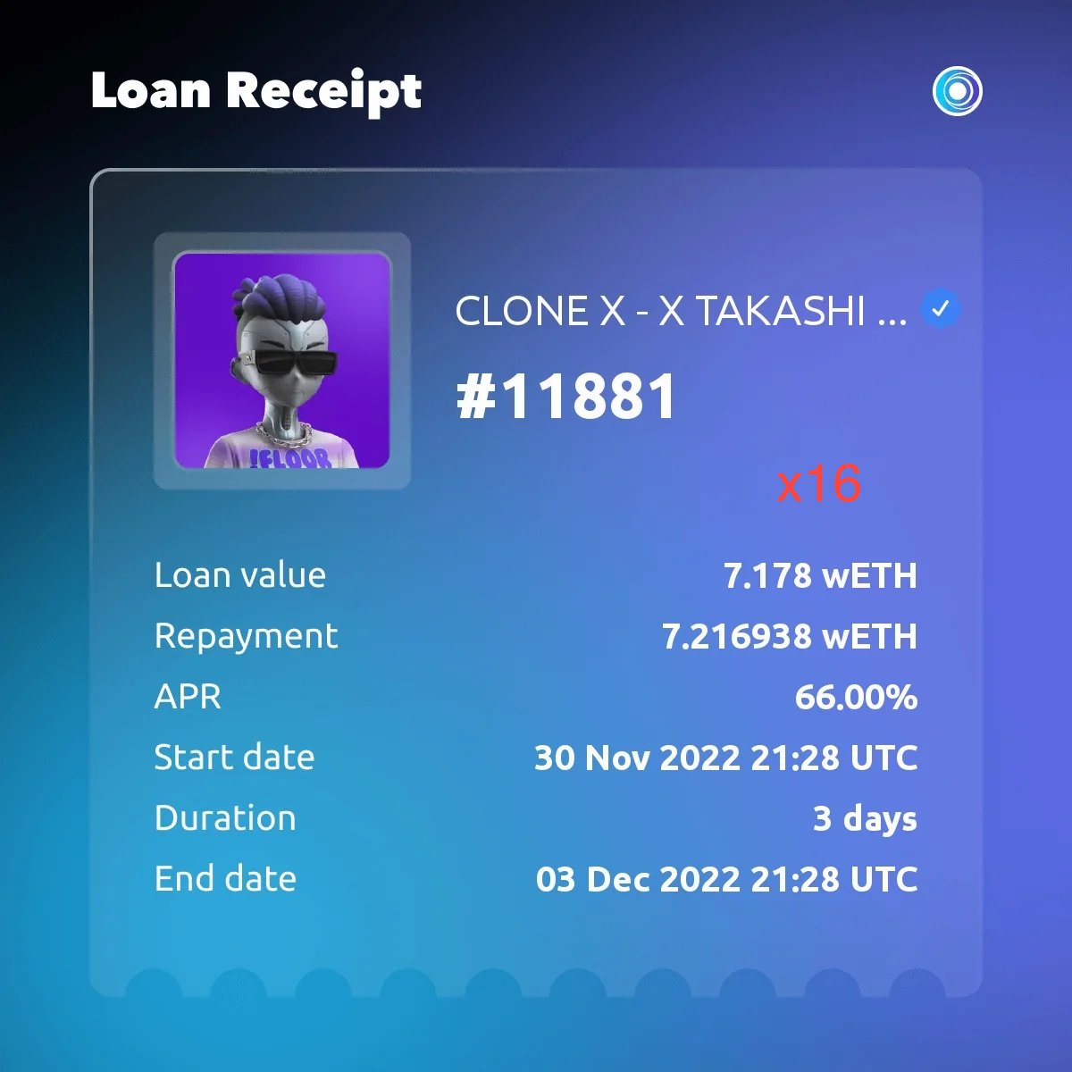 X2Y2 NFT Loan opening December with a bang!💥 In the past 24 hours 6 <a href="/yugalabs/">Yuga Labs</a> BAYC loans borrowed 458 ETH with 1 ape commanding 160 ETH in loan value.😱

Equally 🤯 is the fact that 16 <a href="/RTFKT/">RTFKT</a> CloneX loans were taken out in the same period!

💎✋&amp;🖨💰@ x2y2.io/loan