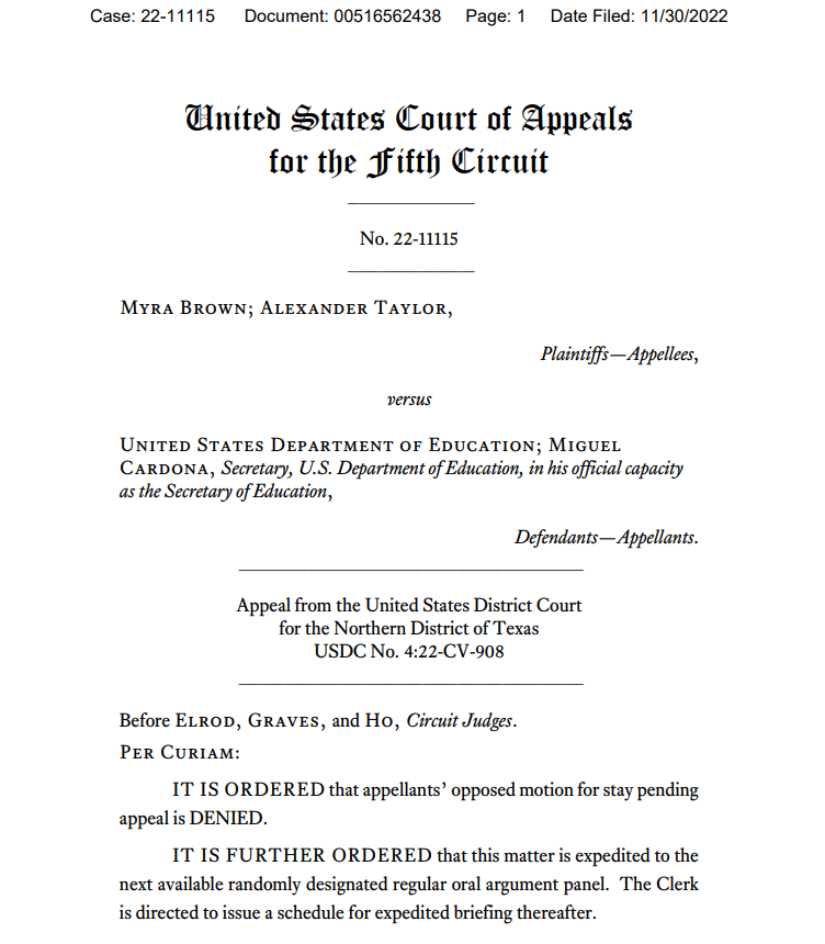 MikeScarcella's tweet photo. Now -- 5th US Circuit rejects Biden DOJ bid to reinstate student debt relief plan, per @nateraymond / Court keeps in place, for now, order from Texas federal judge https://t.co/D3ZVnSBKsl https://t.co/cAc6XSbHJR