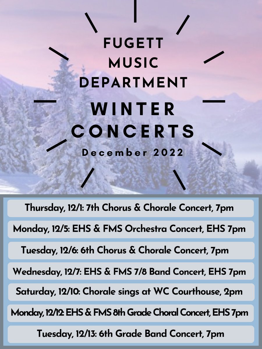 It’s concert season here at ⁦<a href="/FugettMS/">Fugett Middle School</a>⁩- why not come check out a show to get you into the holiday spirit (or at least an hour where you’re not shopping online😉)? These Ss have worked SO hard to prepare for these performances- hope you’ll join us! ⁦<a href="/WestChesterASD/">West Chester Area SD</a>⁩
