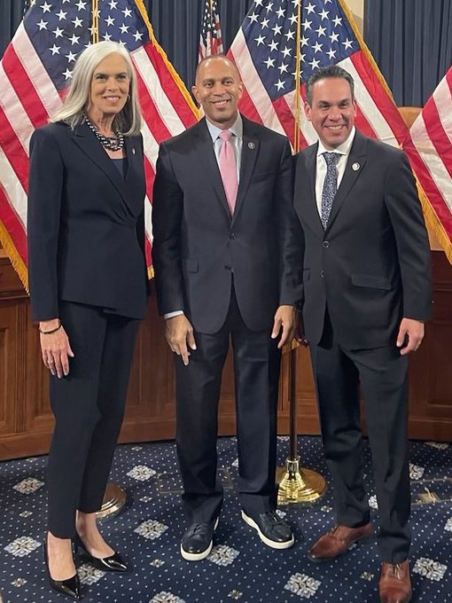 Joanhussey1's tweet photo. The evolution of new leadership. 
Speaker Jeffries' house account @RepJeffries and political  @hakeemjeffries #NY08

Congratulations to @RepKClark #MA05 House Whip  &amp; @RepPeteAguilar #CA31 Dem Caucus Chair for making history.

Give them a follow. They deserve it. 
#DemVoice1 https://t.co/EwyWPc0a2n