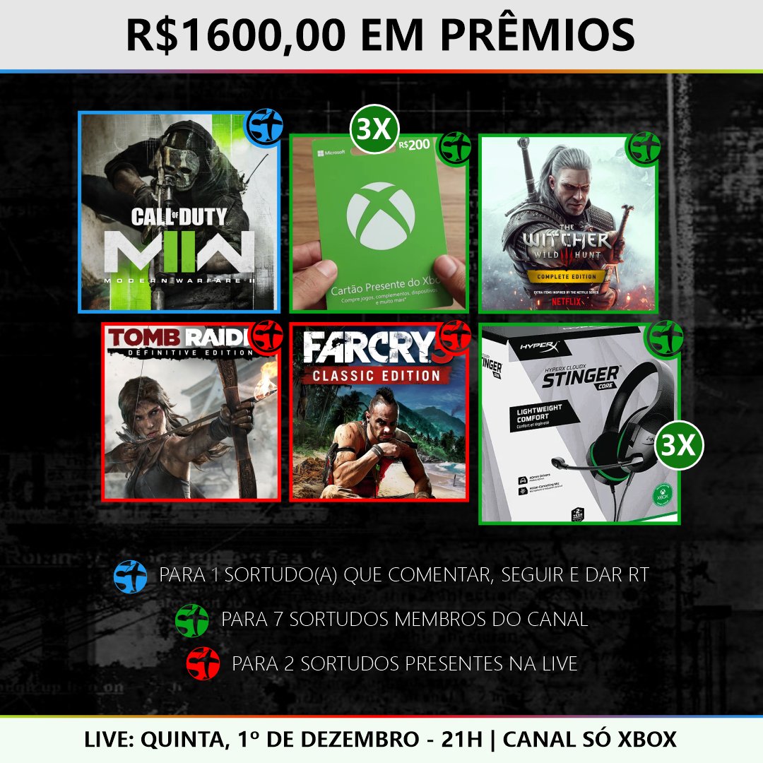 SXGAMESoficial's tweet photo. 😜Você NUNCA viu tanto prêmio INCRÍVEL no mesmo tweet! 

👉Curta, comente, dê RT e siga pra arriscar ser o SORTUDO ganhador de Call of Duty MW 2: Pacote Multigeração!

👉Participe da LIVE pra conferir a revelação e concorra a mais jogos!

🕘01/DEZ - 21H - CANAL SÓ XBOX https://t.co/PSX2qcZgRp