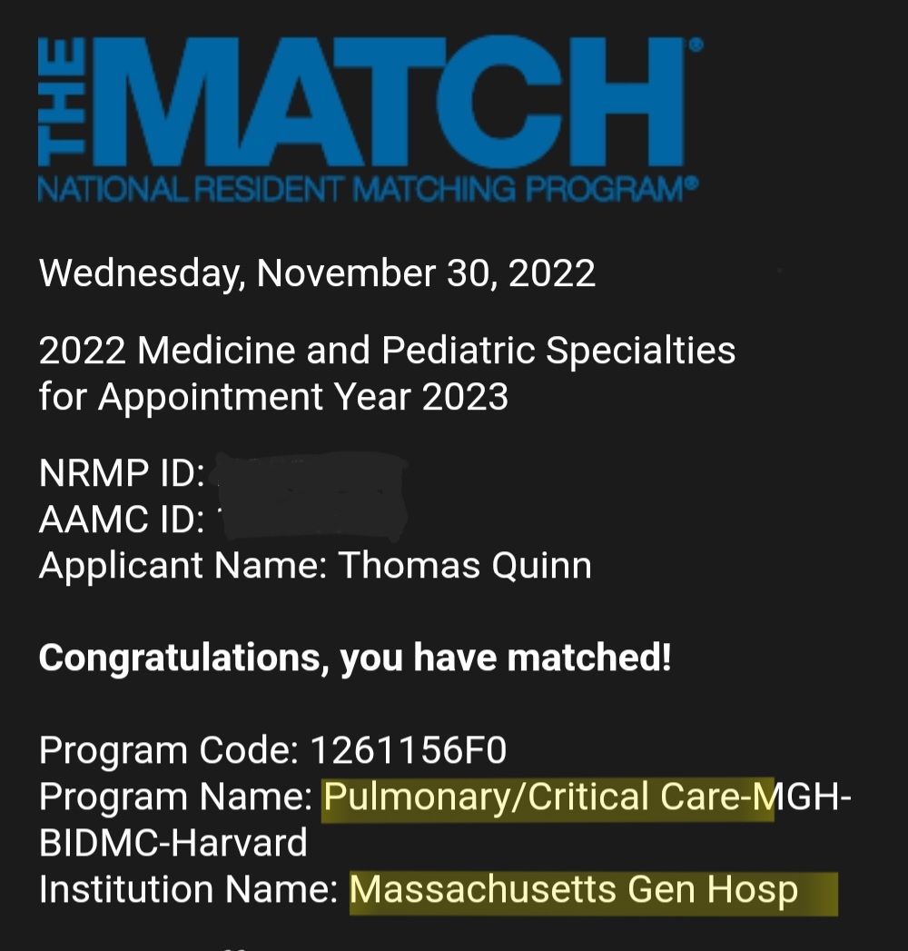 TomQuinnMD's tweet photo. Incredibly excited to be joining @HarvardPulm for #PCCM training next year 🫁! So thankful for the opportunity and looking forward to joining the @MGH_PCCM and @PCCSM_BIDMC communities!

#Match2022 @harvardsleepmed @BIDMC_IM https://t.co/S5s9hQUcUN
