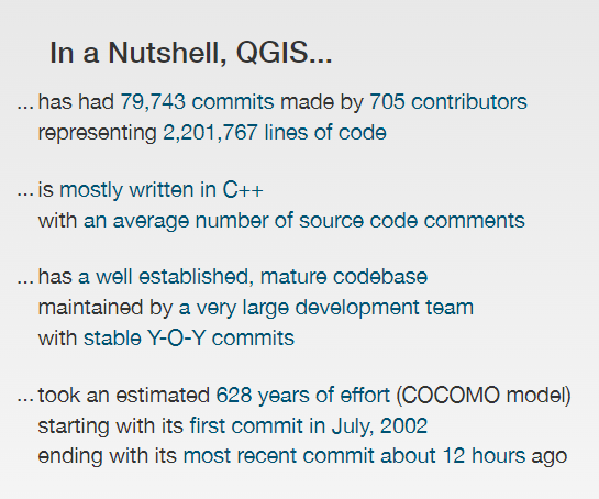 See all #osgeo projects in openhub for code stats like this.. openhub.net/orgs/OSGeo <a href="/bdopenhub/">Black Duck Open Hub</a>