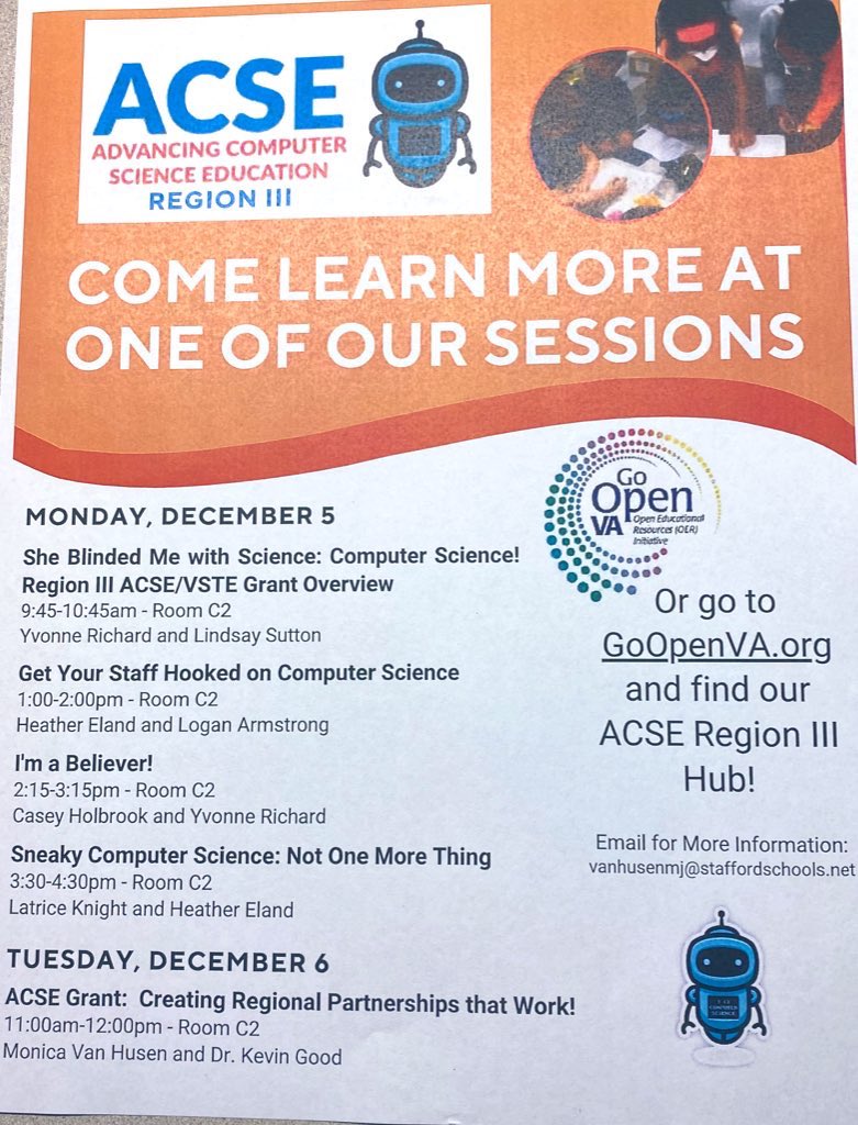 MoJoEdTech's tweet photo. Looking forward for Region 3 teacher leaders to present their work @vste If your going to #VSTE22 check out one or all our sessions about engaging students in content and bringing fun back into instruction with Computer Science performance tasks. #Goopenva https://t.co/Ghl9nSM3hc