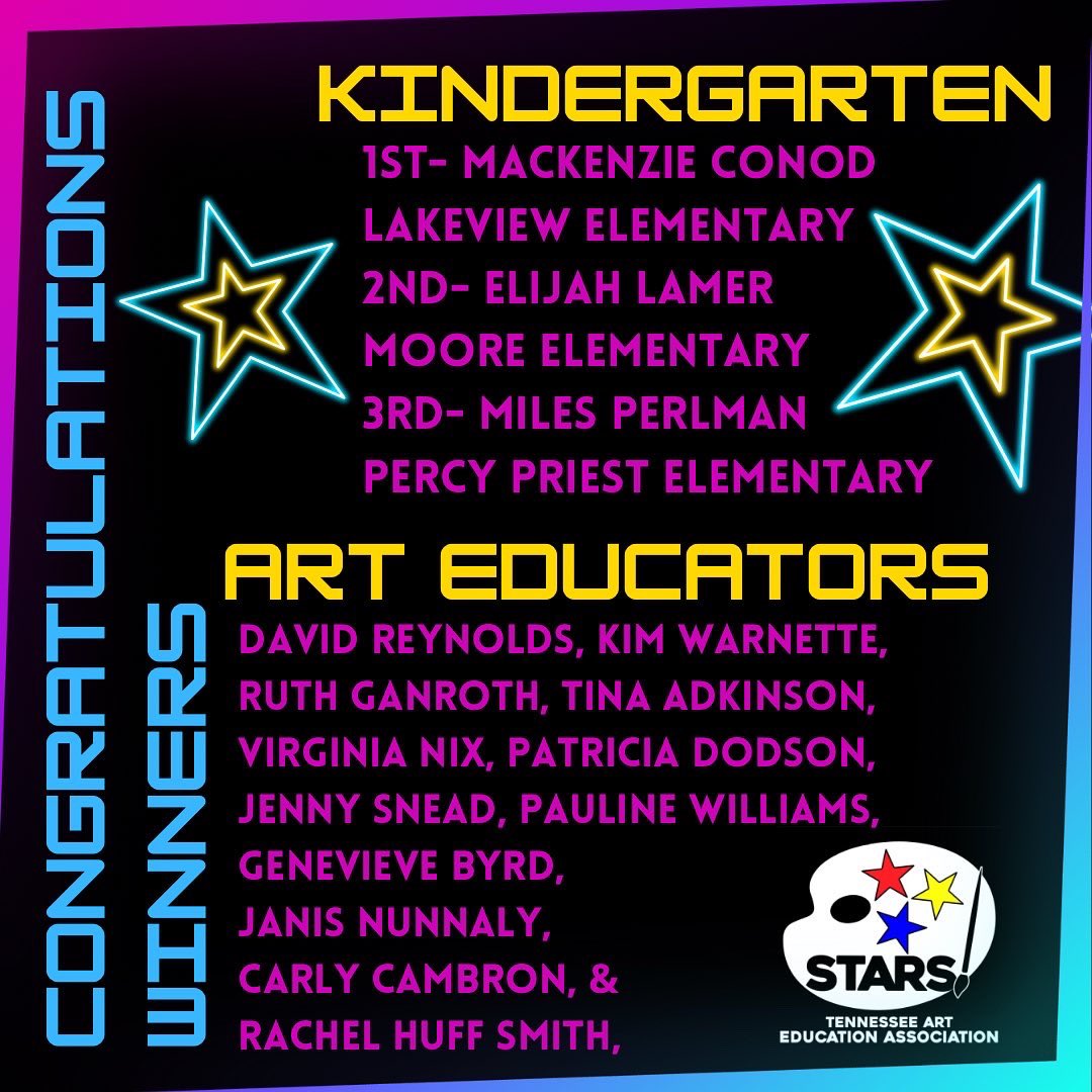 TN Art Ed Assoc (@tnarted) on Twitter photo 🌟CONGRATULATIONS to the winners of our state-wide elementary art exhibition STARS! We are so proud to recognize these amazing K-5 artists and their teachers!🌟 Their works will be on display SOON at the <a href="/tnstatemuseum/">Tennessee State Museum</a> 🌟 🌟CONGRATULATIONS to the winners of our state-wide elementary art exhibition STARS! We are so proud to recognize these amazing K-5 artists and their teachers!🌟 Their works will be on display SOON at the <a href="/tnstatemuseum/">Tennessee State Museum</a> 🌟