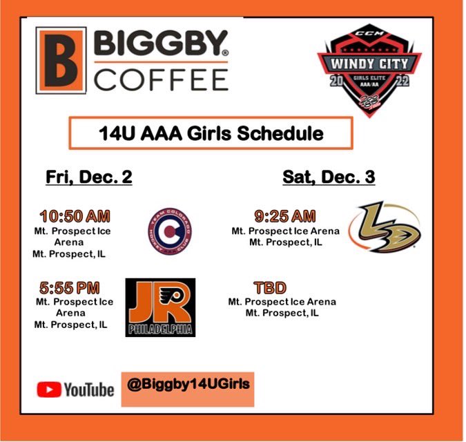 We are ready for another tournament weekend as the Biggby 14U girls travel to Chicago for the 200x85 CCM Windy City Elite Girls Showcase. #biggbygirlshockey #orangevseverybody