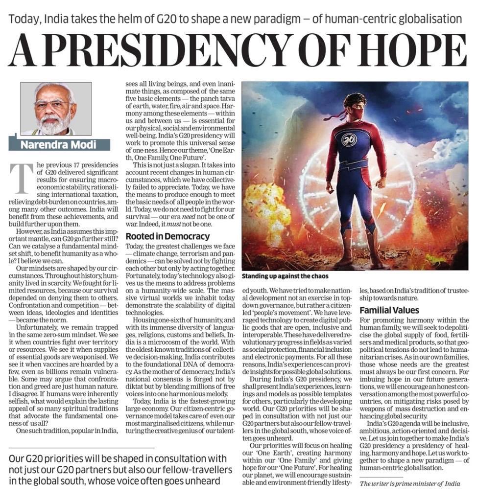 Today, India takes the helm of G-20 to shape a new paradigm - of human centric globalisation writes Prime Minister Narendra Modi.
#G20India