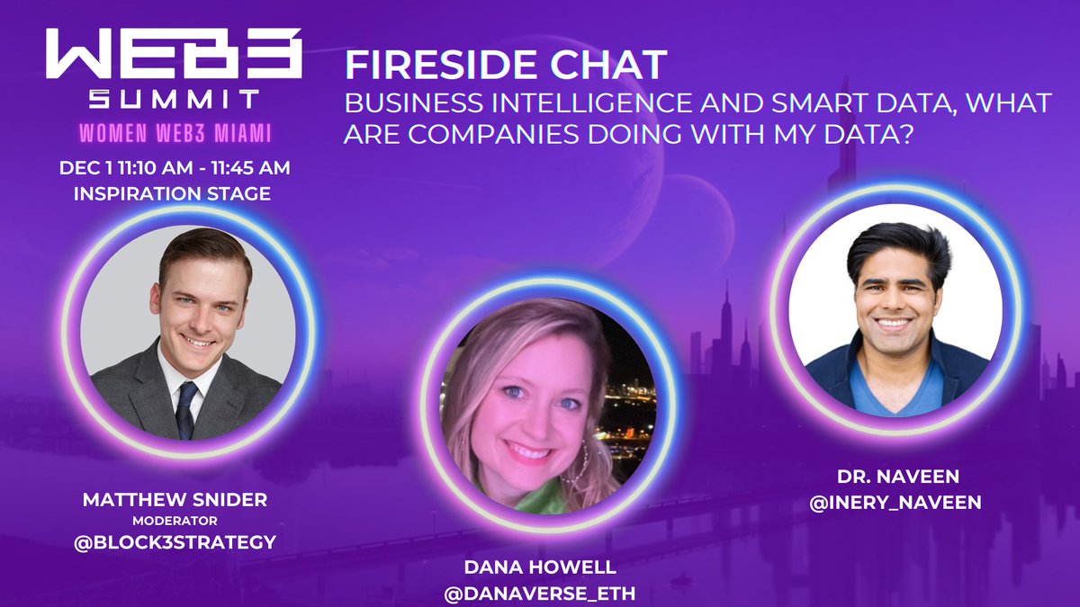 Web3summits's tweet photo. Join us tomorrow Dec 1st, in a fireside chat, Business Intelligence and Smart Data👇

🎙️Moderator: 
@block3strategy
 
🎙️Speakers: 
@danaverse_eth
@inery_naveen

Don't miss this one!

🎟️https://t.co/NylxX0TiYL

#ArtBaselMiami #womenintech #WomenInNFTs #miamitech https://t.co/Wtg5ETm9F7