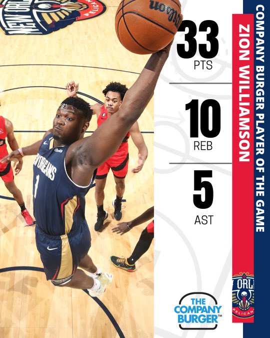 Justin (@propelstalk) on Twitter photo The game got tight and Zion said I got this. When you drop a double double and take over the game , you get the <a href="/CompanyBurger/">The Company Burger</a> player of the game.
Dominate.
Pels are 13-8.
LFG The game got tight and Zion said I got this. When you drop a double double and take over the game , you get the <a href="/CompanyBurger/">The Company Burger</a> player of the game.
Dominate.
Pels are 13-8.
LFG