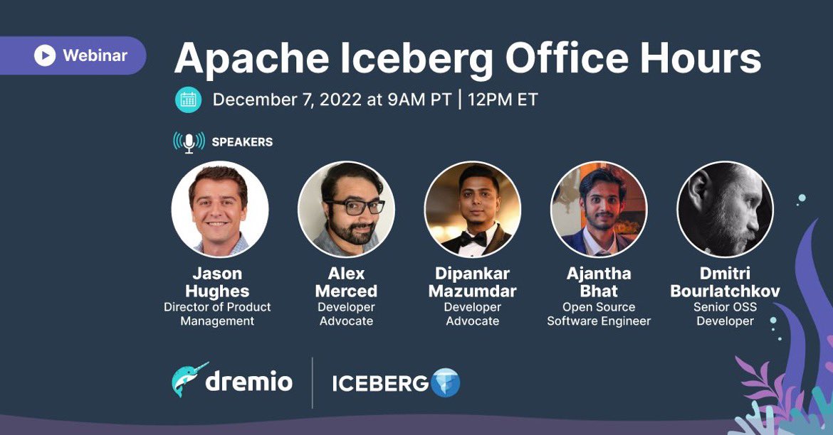 Join <a href="/dremio/">Dremio</a>’s Tech advocacy &amp; Eng team for the very first installment of the <a href="/ApacheIceberg/">Apache Iceberg</a> Office Hours 📆 🚀

We will kick-off with a brief presentation on Copy-on-Write Vs Merge-on-Read strategies, followed up by Q&amp;A on anything Iceberg related.

When: December 7th, 12 PM