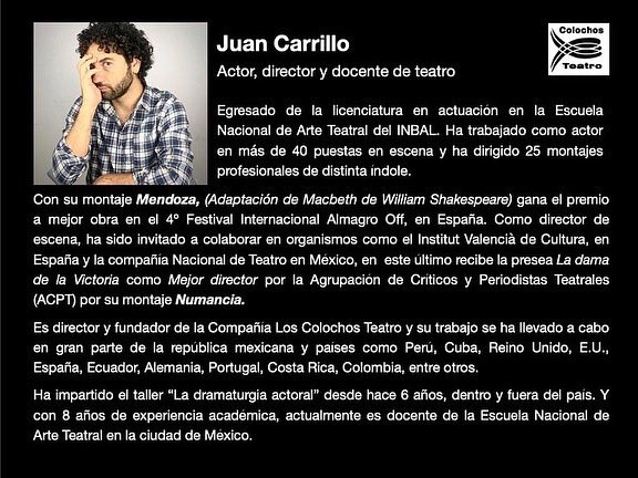 Con enorme entusiasmo anunciamos nuestro taller: 

La dramaturgia actoral

En CDMX

impartido por <a href="/jc_juancarrillo/">Juan Carrillo</a> 

dirigido a toda persona interesada en el quehacer actoral. 
C U P O  L I M I T A D O

Informes:
loscolochosteatro@gmail.com 

O mensaje directo en redes sociales.