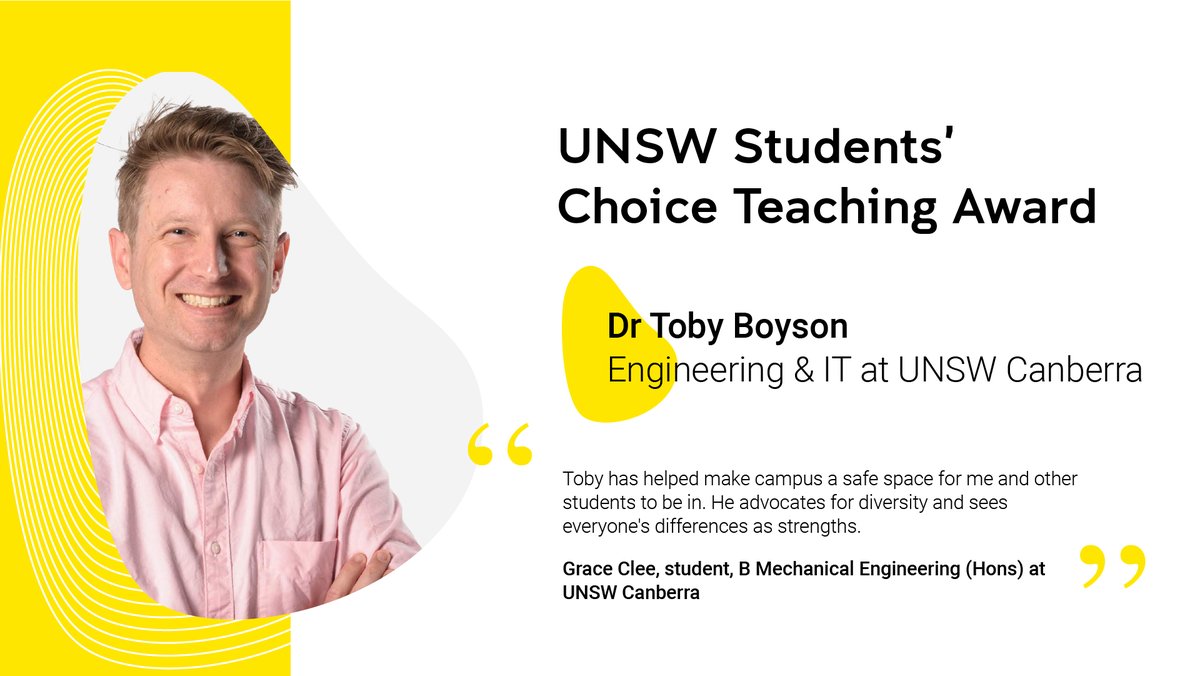 Congratulations to our very own Dr Toby Boyson on winning a <a href="/UNSW/">UNSW</a> Students' Teaching Award! 👏

Voted by students, the award highlights teachers who have made a real difference to the learning experience by inspiring, elevating, challenging, or just being down right top notch 😎