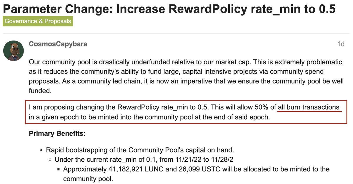 LUNCGLOBAL's tweet photo. @CosmosCapybara Published a proposal that needs read carefully. Read between the lines. It proposes increasing the Mint upon every epoc to from .1 to .5 of "All burn transactions". This includes Binance Burn! 

We are essentially stealing the money from Binance burn! Vote NO! https://t.co/I4Ir6M14KZ