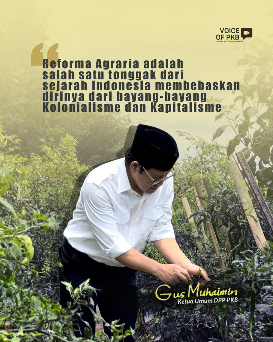 Reforma agraria tidak sekedar bagi-
bagi tanah atau menerbitkan dan membagi sertifikat tanah. 

Namun, reforma agraria harus menciptakan keadilan sosial yang ditandai dengan keadilan agraria dan kesejahteraan masyarakat.

<a href="/cakimiNOW/">A Muhaimin Iskandar</a> 

#gusmuhaimin #muhaiminiskandar