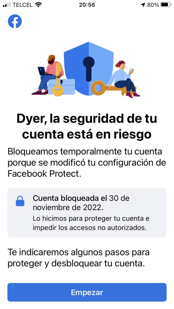 dyerkosmiko's tweet photo. Esto me acaba de suceder con #FacebookProtect ¿alguien sabe cómo solucionarlo? Ya que no me permite realizar acción alguna por app móvil y por computadora @facebook https://t.co/1NGIOd3OQi