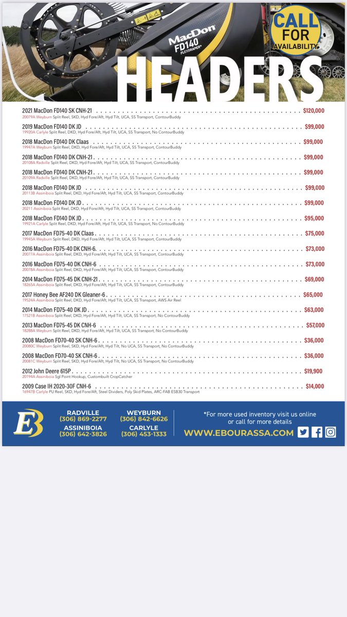 Our Current inventory of 
trade-in combine heads…