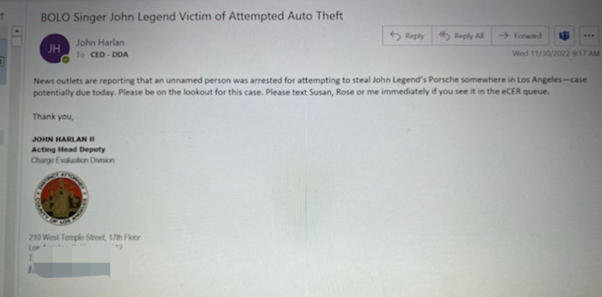 NEW: In an email sent today, a senior official in LA DA @GeorgeGascon admin took urgent interest in a case involving the attempted theft of a Porsche belonging to John Legend, one of Gascon‘s top celebrity supporters. Critics in the office call this blatant special treatment.