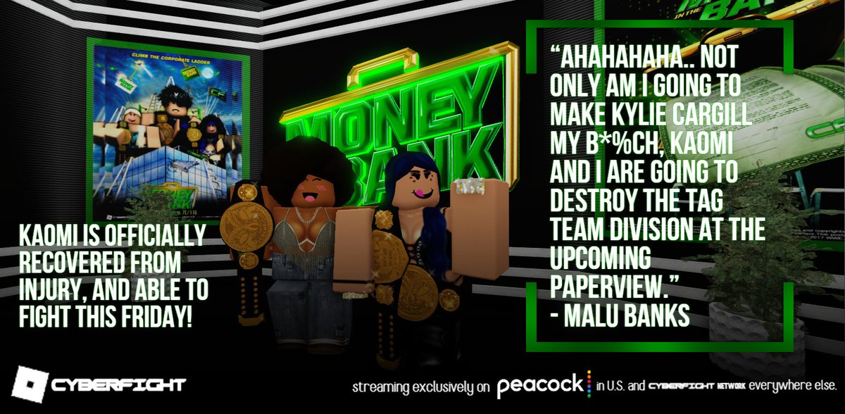 CFightNetwork's tweet photo. 📢 | CYBERFIGHT - ROBLOX WRESTLING FEDERATION: MONEY IN THE BANK!

@reignofmalu is ready for a match between her and "The Storm Terminator" #KylieCargill this FRIDAY, and also to retain their tag title belt match against whoever that feels brave to face #TeamBAD at CF MITB event! https://t.co/RCnXlrX2Kh
