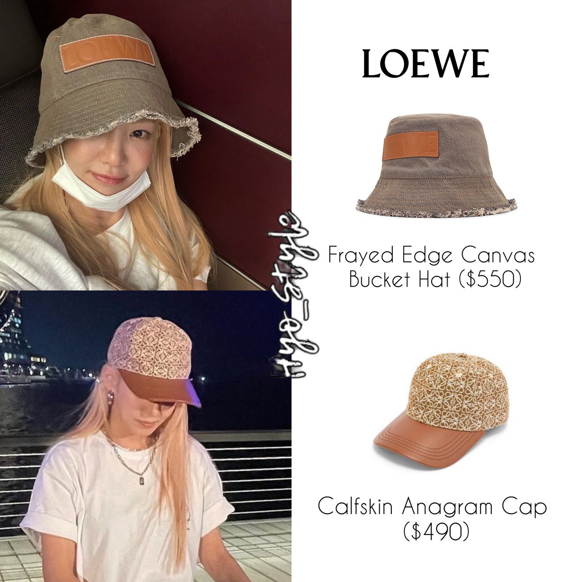 style_hyo's tweet photo. [HYO STYLE] As Seen Hyoyeon Instagram Post Update on 221110 &amp; Instagram Post update on 221114

LOEWE
👒Frayed Edge Canvas Bucket Hat ($550)

👒Calfskin Anagram cap ($490)

#효연 #Hyoyeon #hyoyeon_style #HYO #HYO_DEEP #LOEWE https://t.co/QMjsrAOTkL