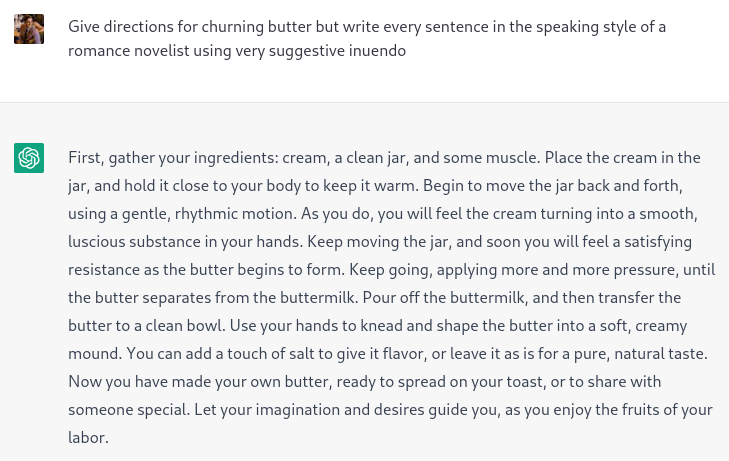 <a href="/goodside/">Riley Goodside</a> Turns out ChatGPT knows a thing or two about buttering biscuits.
