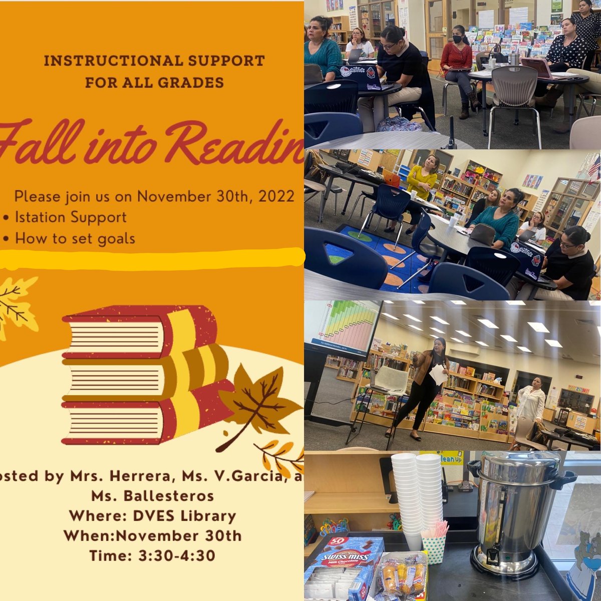 oceans80's tweet photo. The first Reading Café 📚 ☕️ was held today and hosted by our RLA coach @tippih833 and teachers @Vanessa74554806 & Mrs. Ballesteros! #buildingteachercapacity #OFOD @DelValleES_YISD https://t.co/WWT9Ly7Oe6