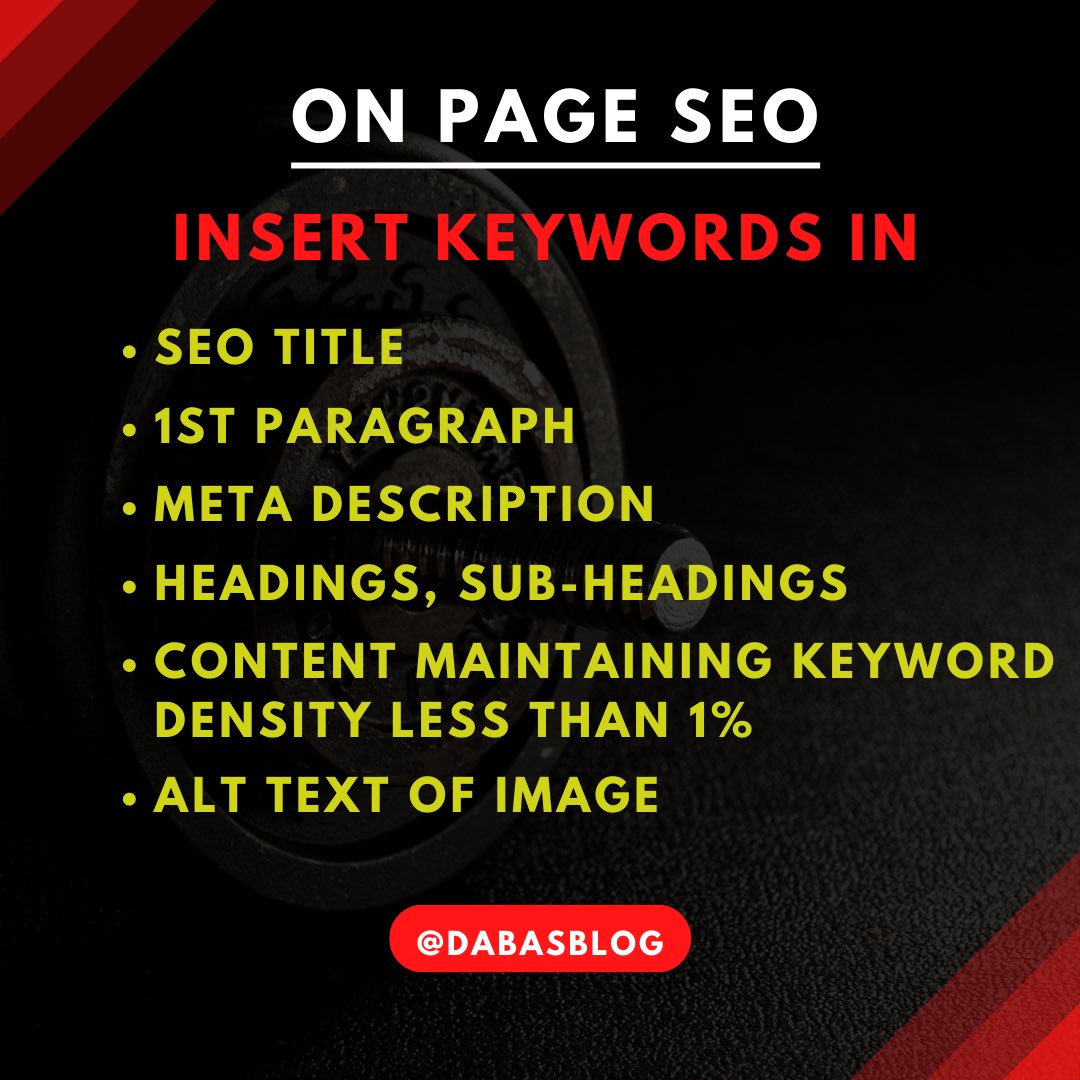 DabasBlog's tweet photo. On-page SEO is essential to boost your rankings on Google.
Optimize your content by using target keyword at these places.
#SEO #keywordresearch #BloggingTips #SearchEngineOptimization #OnPageSEO #DabasBlog https://t.co/bO7wyJBMOB
