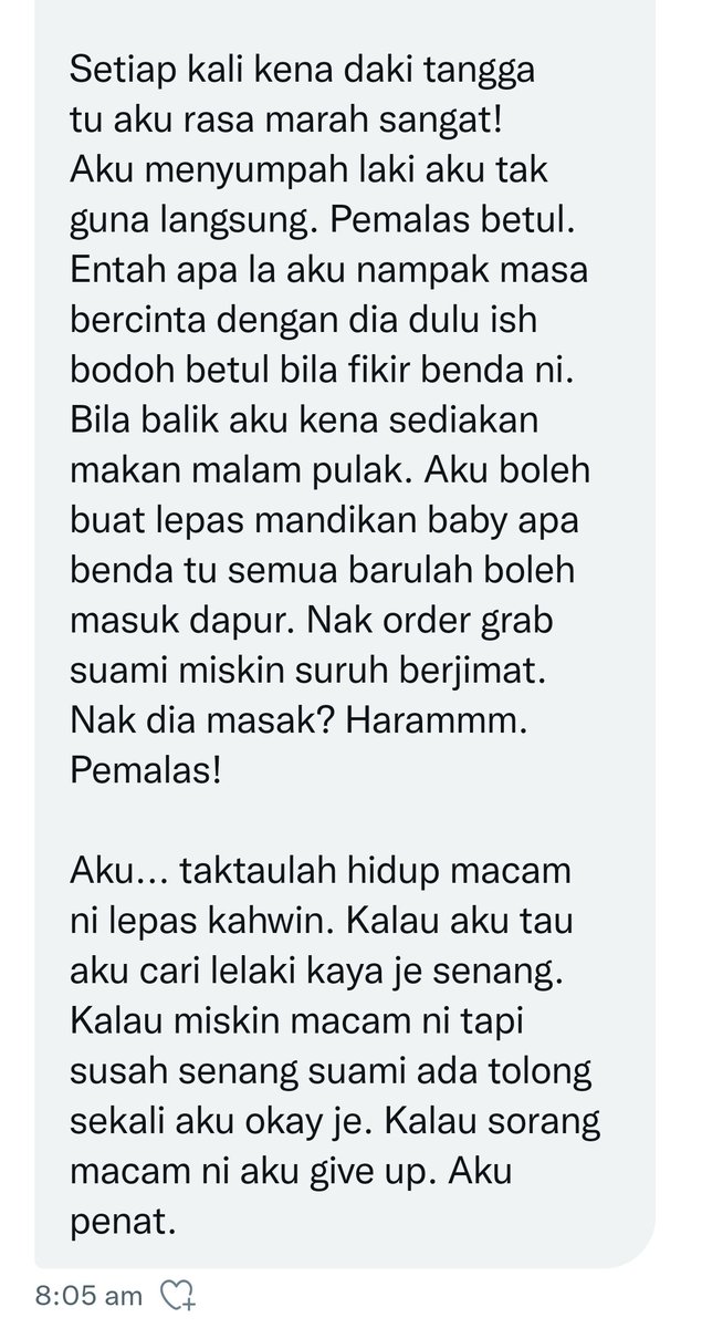 ConfessTweetMY's tweet photo. Confessor rasa dah tersalah pilih pasangan hidup. Suaminya wfh tapi tidak membantu urusan rumahtangga. https://t.co/KkorslpREi