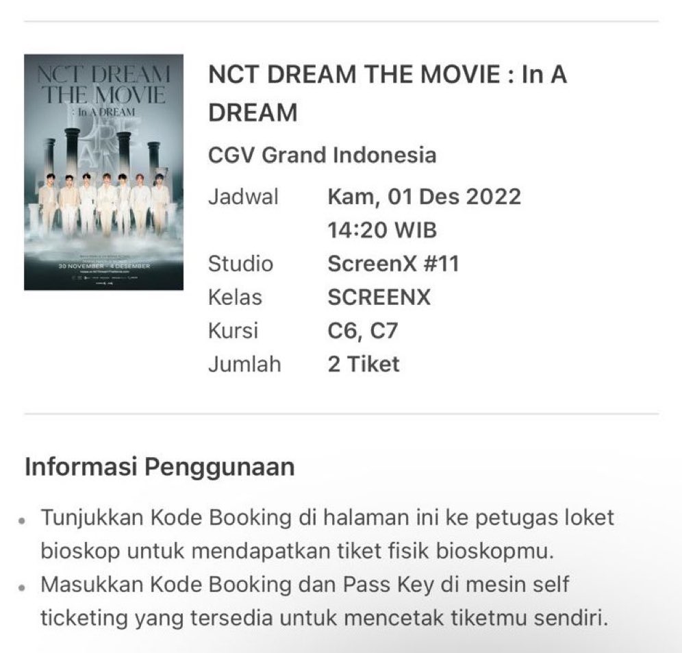 xoeaeri's tweet photo. wts NCT DREAM THE MOVIE: In A Dream 

Aku punya 2 tiket SCREENX (3 layar) cgv Hari ini jam 14:20 di GI

💰: 150 (harga beli 200)
Seat C6 &amp; C7 

Mau di jual cpt ajaa krn sayang tiketnya😭 aku gabisa nonton krn ada acaraaaaa temenku sakit jg https://t.co/PtPNpKKkYH