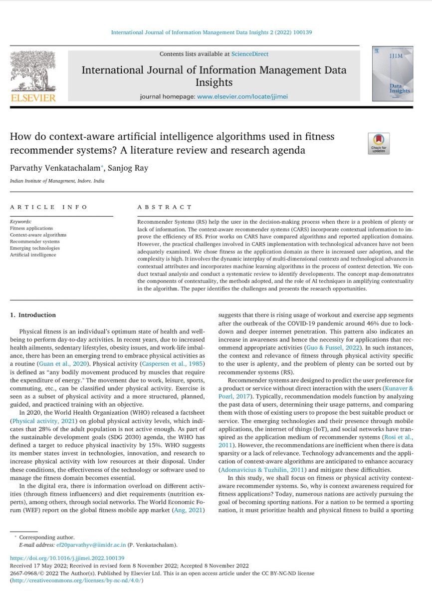 How do context-aware #ArtificialIntelligence algorithms used in fitness recommender systems? sciencedirect.com/science/articl…
#MachineLearning #fitness #appdevelopment #mobileapps #IJIMDataInsights #OpenAccess