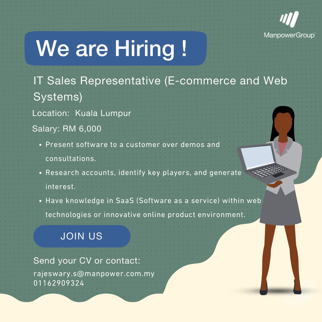 ManpowerMY's tweet photo. #nowhiring IT Sales Representative (E-commerce and Web Systems)
Salary: RM6,000
Location: Kuala Lumpur

✉ rajeswary.s@manpower.com.my
📱 01162909324​​​​​​​

#informationtechnology https://t.co/O1ByezA1it