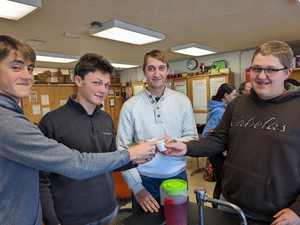 OGJJones's tweet photo. The @OGIndians advanced chemistry class went on a kool-aid tasting tour today to figure out the preferred sugar concentration. There were some very strong opinions on the zero molarity recipeπ #iteachchem #doublejscience https://t.co/UsLzHFzyLG