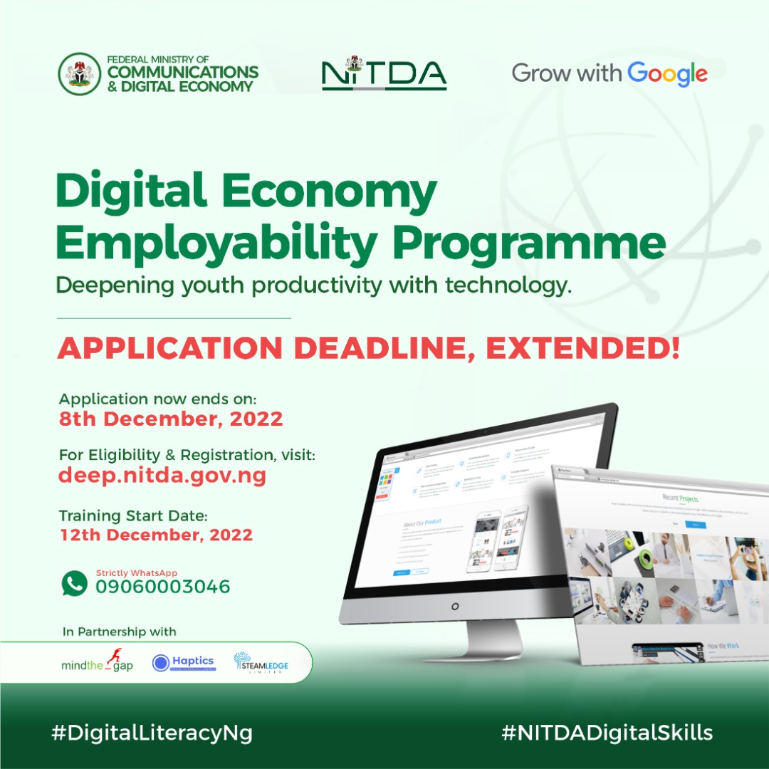 MindThe_GapNG's tweet photo. @NITDANigeria Sincere apologise to those having challenges registering, and  congrats to the over 100k that have successfully applied for #NITDA_DEEP.

To give every1 a chance @NITDANigeria has requested that we extend the deadline to Fri Dec 2nd and provide https://t.co/URQg5h9l4s in addition https://t.co/A8s2tb7hGR